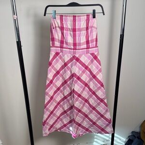 J. Crew Pink and White Gingham Fit and Flare Strapless Midi Dress Size 2